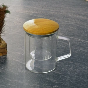 Bambu Kapaklı Borosilikat Cam Süzgeçli Cam Kupa 350 ml Uzun (THN76308)