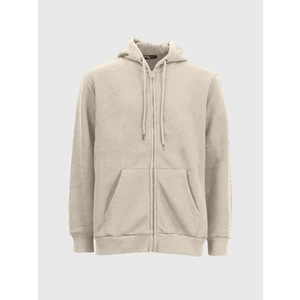 Düz Kapüşonlu Fermuarlı Bej Sweatshirt