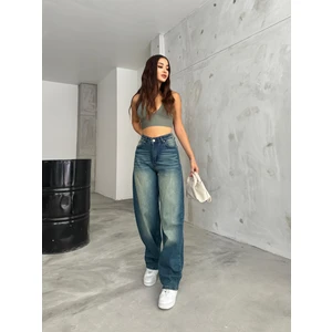 Kadın Soluk Efektli Bol Kesim Geniş Paça Rahat Baggy Jean Pantolon