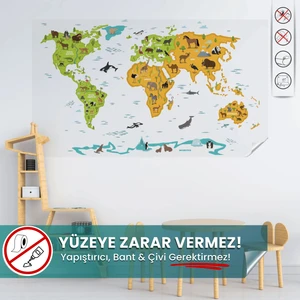 Pi Papers Şeffaf Renkli Hayvanlı Dünya Haritası, Yapışkansız, Elektrostatik Özellikli Akıllı Kağıt Harita