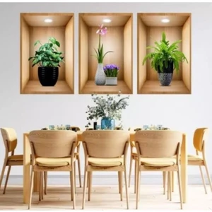 3D Çiçek Vazo Duvar Sticker 3 Lü Set Kahverengi Fon