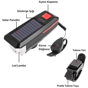 alpotekno® Solar Enerjili USB ile Şarj Edilebilir Ledli Bisiklet Feneri Kornalı ve  Far
