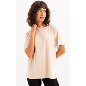 100% Pamuk Oversize Fit Bisiklet Yaka Bej Kadın T-Shirt - Halo