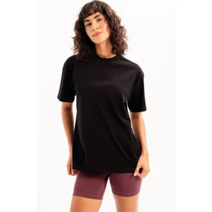 100% Pamuk Oversize Fit Bisiklet Yaka Siyah Kadın T-Shirt - Halo