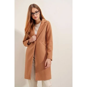 Kadın Camel Tek Düğmeli Çift Cepli Astarlı Şık Kaşe Kaban HZL23W-BD190851