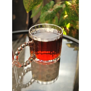 6'lı Boncuklu Cam Bardak Kupa Kulplu Çay Bardağı  Sunum -320 ml