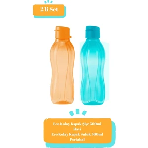 Eco Kolay Kapak Şişe 500ML Mavi - Eco Kolay Kapak Suluk 500ML Portakal 2'li Set