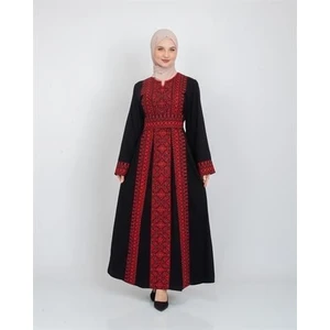Kadın Elbise, Kırmızı Renkli Geleneksel Filistin Dörtgen Nakışlı Şık Elbise