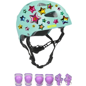 Turkuaz Çocuk Kaskı Yıldızlar ve Harfler Stickerlı Spor Koruyucu Kask Lila Dizlik Dirseklik Seti