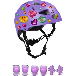 Lila Çocuk Kaskı Spor Kalpler ve Harfler Stickerlı Koruyucu Kask Lila Dizlik Dirseklik Seti