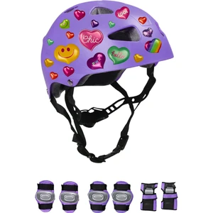 Lila Çocuk Kaskı Spor Kalpler ve Harfler Stickerlı Koruyucu Kask Lila Mor Dirseklik Seti