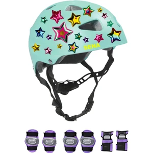 Turkuaz Çocuk Kaskı Yıldızlar ve Harfler Stickerlı Spor Koruyucu Kask Lila Mor Dirseklik Seti