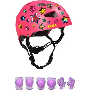 Pembe Çocuk Kaskı Yıldızlar ve Harfler Stickerlı Spor Koruyucu Kask Lila Dizlik Dirseklik Seti