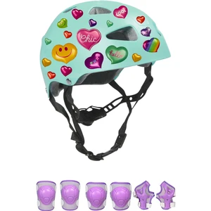 Turkuaz Çocuk Kaskı Kalpler ve Harfler Stickerlı Spor Koruyucu Kask Lila Dizlik Dirseklik Seti