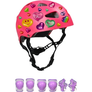 Pembe Çocuk Kaskı Kalpler ve Harfler Stickerlı Spor Koruyucu Kask Lila Dizlik Dirseklik Seti