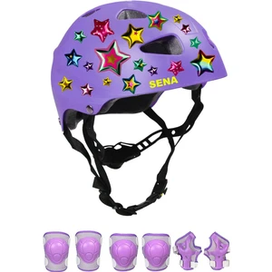 Lila Çocuk Kaskı Spor Yıldızlar ve Harfler Stickerlı Koruyucu Kask Lila Dizlik Dirseklik Seti