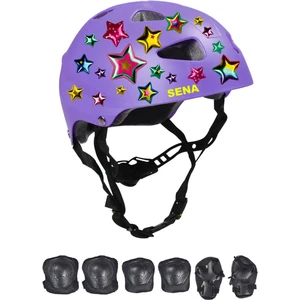 Lila Çocuk Kaskı Spor Yıldızlar ve Harfler Stickerlı Koruyucu Kask Siyah Dizlik Dirseklik Seti
