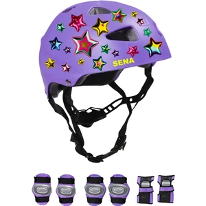 Lila Çocuk Kaskı Spor Yıldızlar ve Harfler Stickerlı Koruyucu Kask Lila Mor Dirseklik Seti