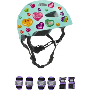 Turkuaz Çocuk Kaskı Kalpler ve Harfler Stickerlı Spor Koruyucu Kask Lila Mor Dirseklik Seti