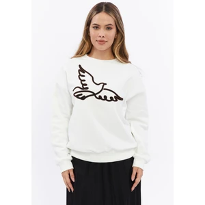 Kaf Kumaş Kadife Kuş Desenli Şardonlu (Içi Polarlı) Ekru Regular Fit Bisiklet Yaka Kadın Sweatshirt