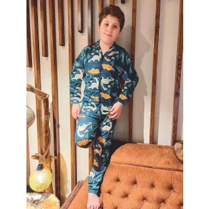 Erkek Çocuk Dinozor Desen Düğmeli Pijama Takımı Uzun Kollu