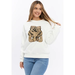 Kaf Kumaş Kadife Ayıcıklar Desenli Şardonlu (Içi Polarlı) Ekru Regular Fit Bisiklet Yaka Kadın Sweatshirt