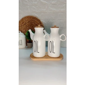 Moda Ozy 2 Adet 1000ml Yağlık Şişesi  ve Ahşap Stantlı 3lü Yağdanlık Seti (Etiket Dahil Değildir)