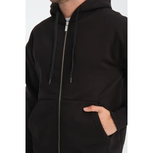 İçi Peluş Üç İplik Kumaş Oversize Fermuarlı Kapüşonlu Sweatshirt- Siyah