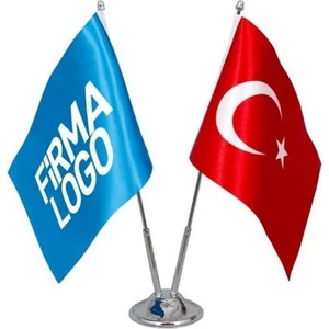 Özcan Tasarım Kişiye Özel Masa Bayrağı - Firmaya Özel Çift Direkli Logolu Masa Üstü Bayrak