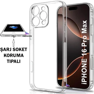 iPhone 16 Pro Max Şeffaf Kılıf Kamera Korumalı ve Şarj Soket Tıpalı Elden Kaydırmaz Esnek Silikon