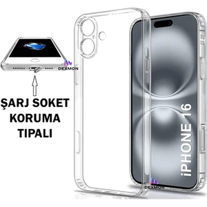 iPhone 16 Şeffaf Kılıf Kamera Korumalı ve Şarj Soket Tıpalı Elden Kaydırmaz Esnek Silikon