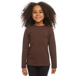 Kahverengi Basic Unisex Çocuk Mevsimlik Sıfır Yaka Uzun Kollu Tişört