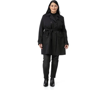Disentis Modest Büyük Beden Kruvaze Kolu Bant Detaylı Cepli Kuşaklı Astarlı Siyah Trençkot