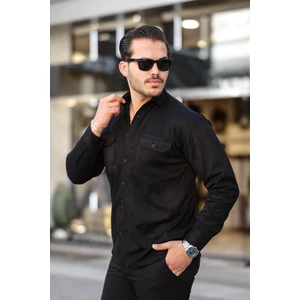 Çift Cepli İnce Fitilli Erkek Kadife Gömlek - Siyah