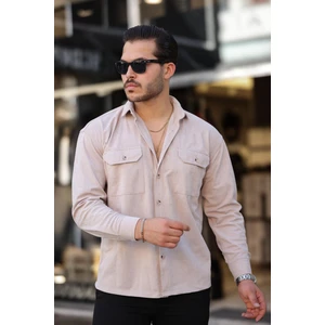 Çift Cepli İnce Fitilli Erkek Kadife Gömlek - Bej
