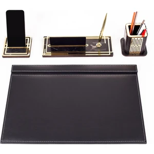 Ares Siyah Deri Sümen Takımı Gold Mermer Desen Ahşap Isme Özel Masa Isimliği Isimlik Seti