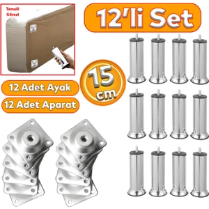 Mobilya Kanepe Baza Koltuk Çekyat 15 cm Krom Metal Yükseltme Ayağı M8 Aparatlı 12'li Set