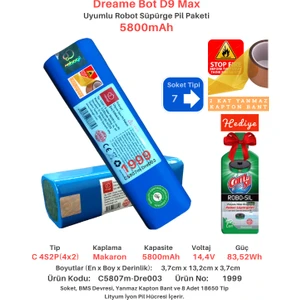 Dreame Bot D9 Max 5800mAh Uyumlu Batarya Robot Süpürge Pili C5807m-Dre003