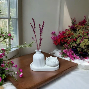 3 Lü Set Organizer Tabak Dekoratif Vazo Lotus Çiçeği Mumluk & Dekor Süs Eşyaları & Hediyelik Eşya