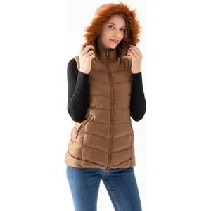 Kadın Vizon Rengi Kapüşonlu Fermuarlı Şişme Yelek