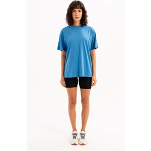 100% Pamuk Oversize Fit Bisiklet Yaka Mavi Kadın T-Shirt - Halo