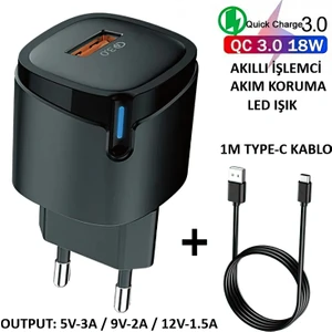Ultra Kaliteli Oc-3.0 18W Hızlı Şarj Adaptörü(Akıllı Çip/led Işık/1m Type-C Kablo)