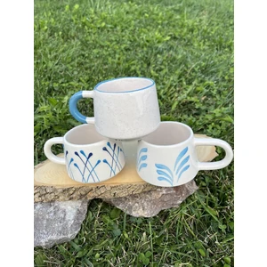 Inspire Ceramic El Yapımı Seramik Mavi Renkli Desenli 3'lü Kupa Seti 225 ml Hediyelik Kahve Kupası