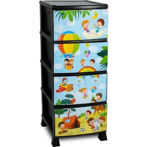 4 Katlı Çekmeceli Baskılı Desenli Kapaklı Plastik Komidin - Sebzelik - Çekmece