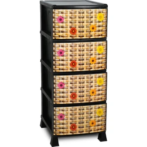 4 Katlı Çekmeceli Baskılı Desenli Kapaklı Plastik Komidin - Sebzelik - Çekmece