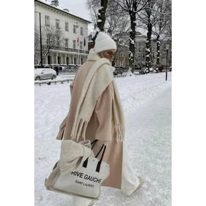 Ithal Puffy Açık Vizon Siyah Atkı Şal Omuz Şalı