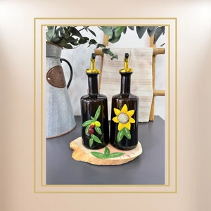 Pitrakstore Zeytinyağı-Ayçiçek Yağı 500ML 2'li Yağdanlık Set Ağaç Stand (Hediye)