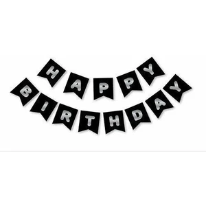 Patladı Gitti Siyah Zemin Gümüş Happy Birthday Banner