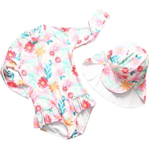 UPF50+ Güneş Korumalı Uzun Kollu Şapkalı Kız Çocuk Çiçekli Pembe Mayo Şapka Set