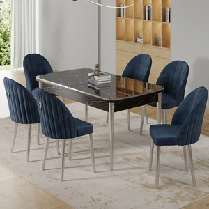 Rada Serisi 80x132 Açılabilir Lak Panel Krom Detay Siyah Mermer Desen Mutfak Masa Takımı Ve 6 Sandalye